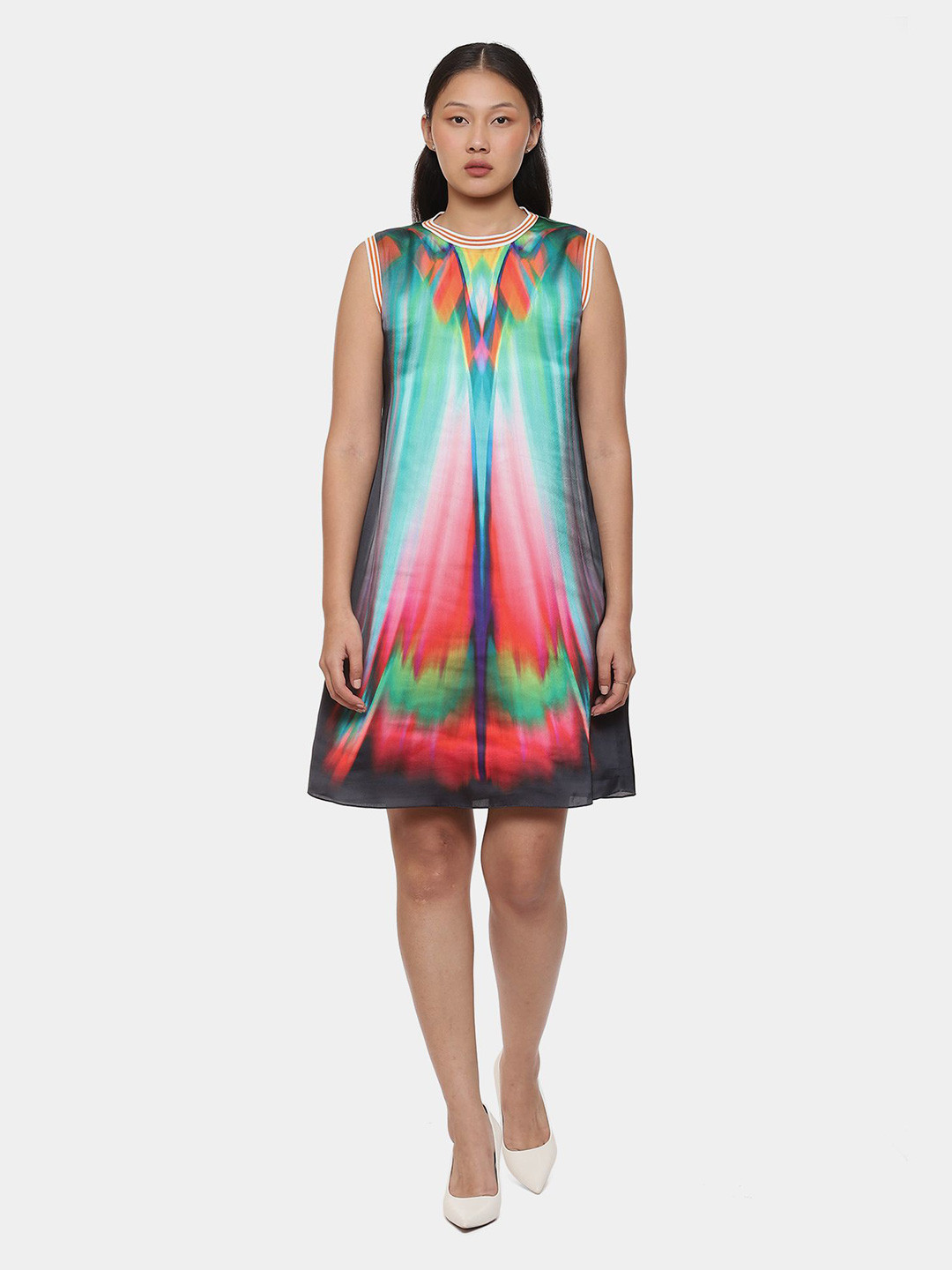 Satya Paul Women Print Round Neck Satin Shift Dress