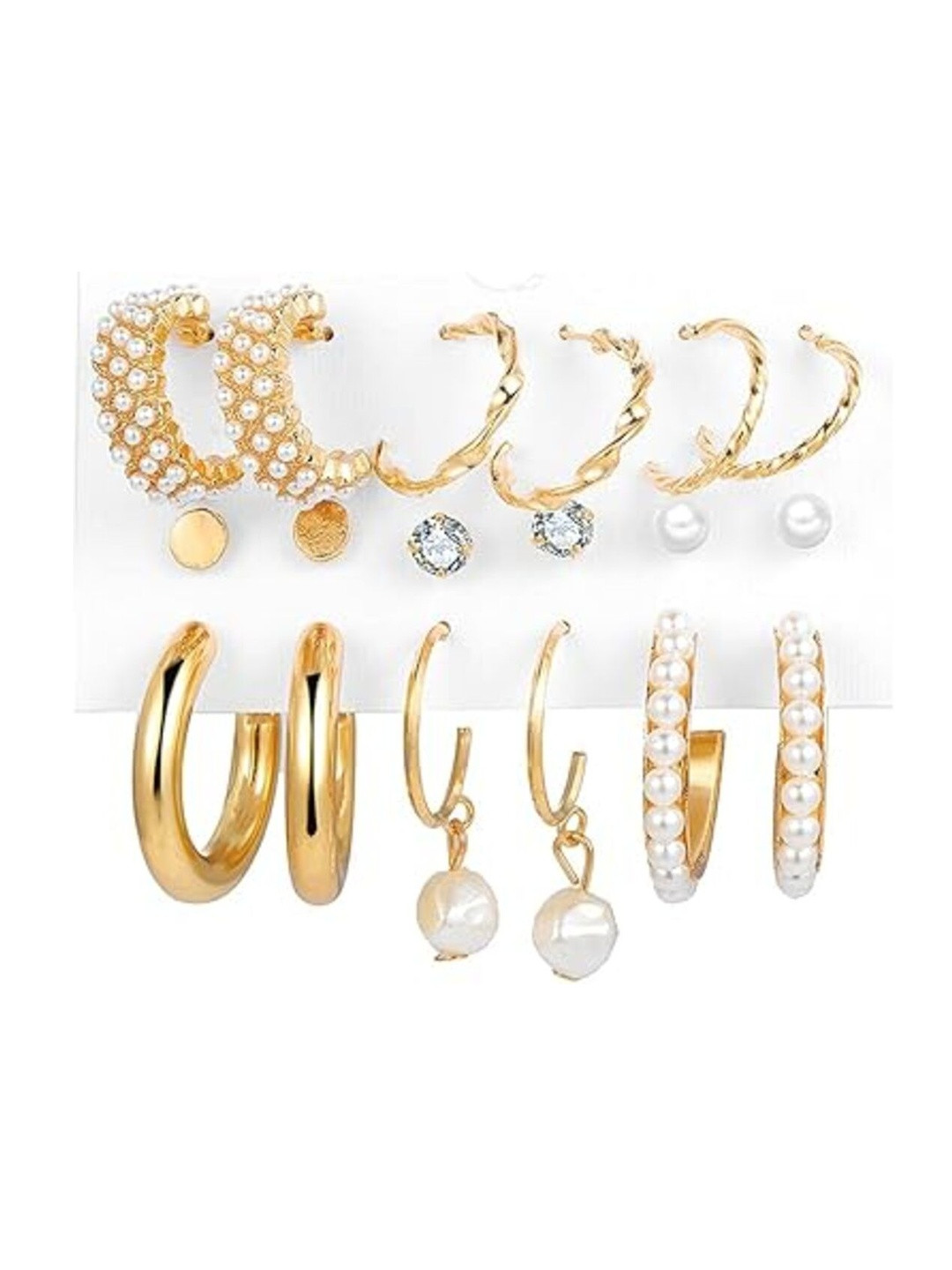 INKO & CO Set Of 9 Stainless Steel Gold-Plated Stones Studded & Beaded Hoop Earrings