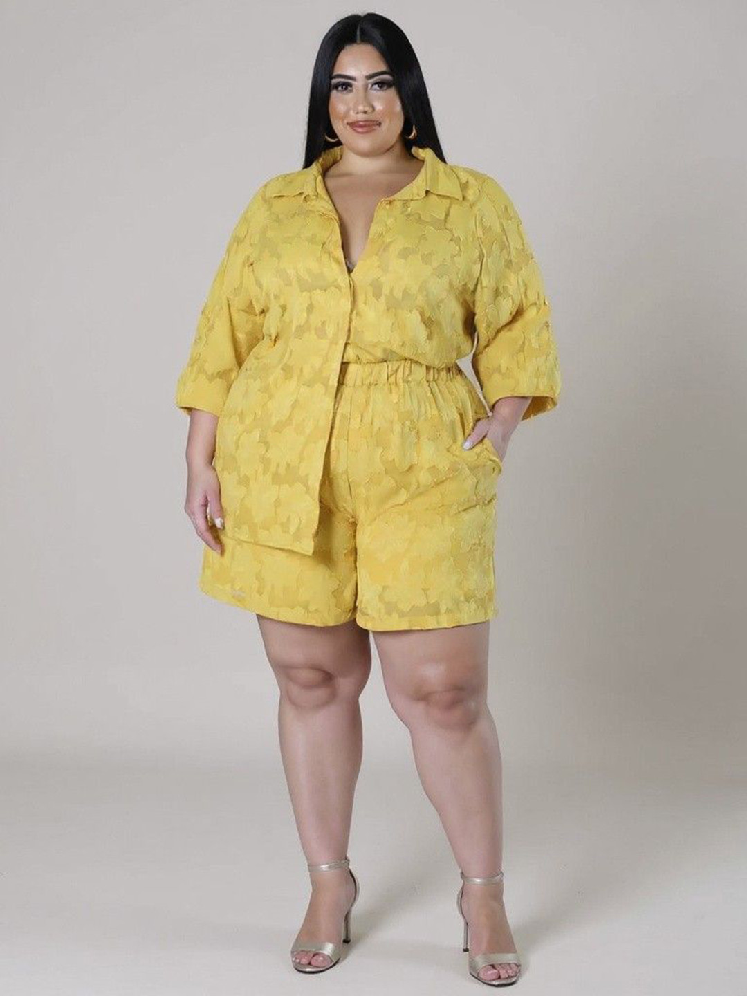 DressBerry Curve Self-Design Shirt Collar Shirt With Shorts Co-Ords