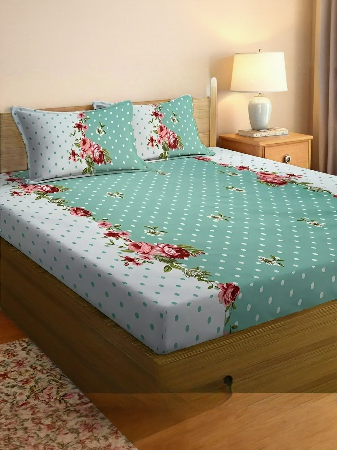 NEW TOWN Sea Green & White Floral 210 TC Queen  Cotton Bedsheet with 2 Pillow Covers