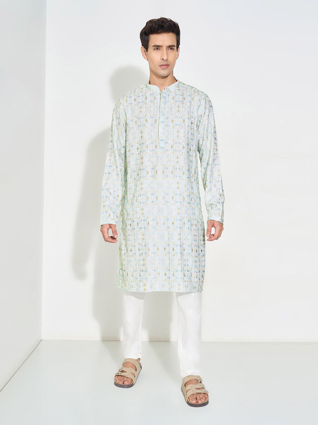 indus route by Pantaloons Men Ethnic Motifs Embroidered Sequinned Pastels Kurta