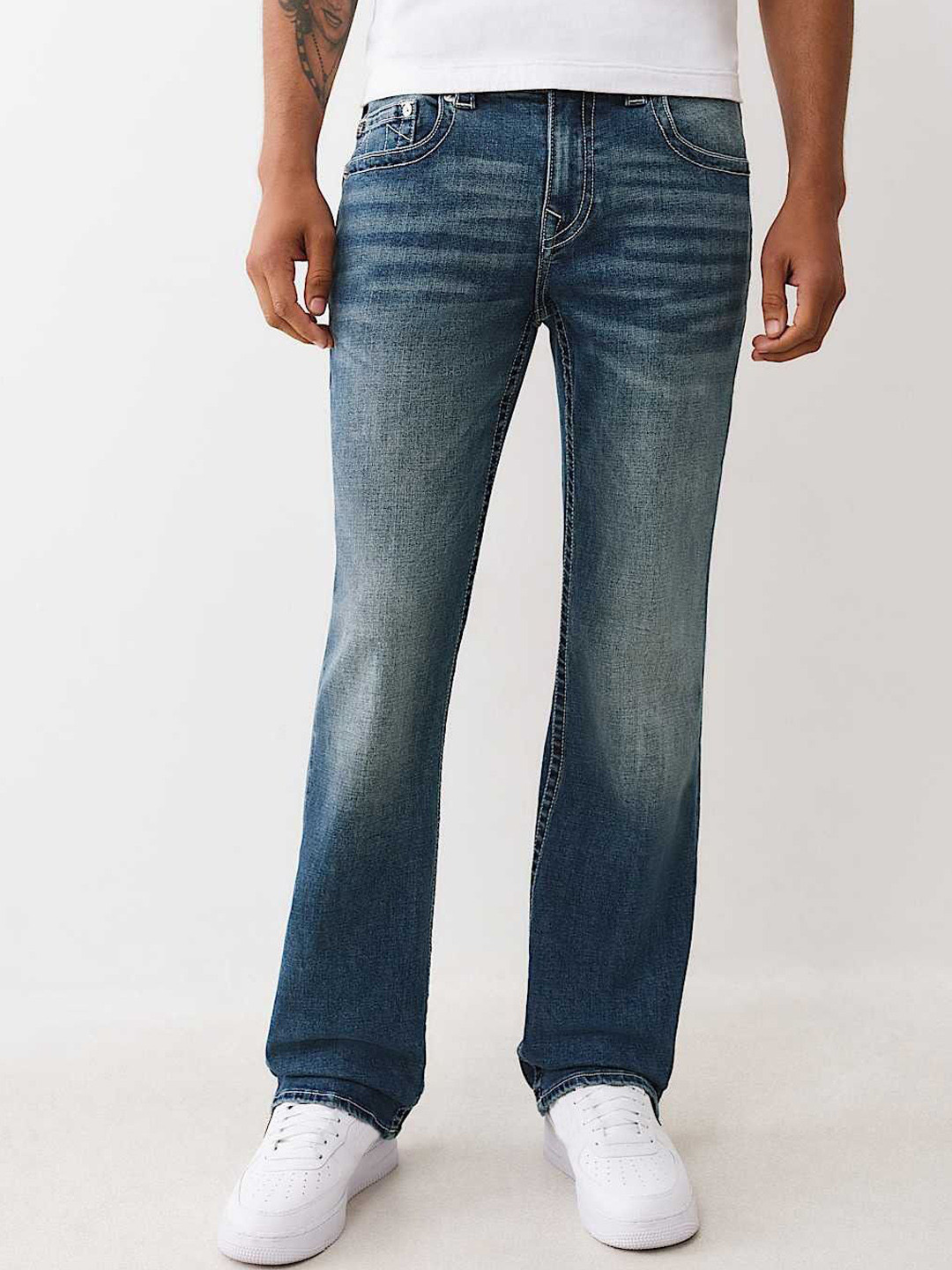 True Religion Men Embroidered Mid-Rise Light Fade Whiskers and Chevrons Bootcut Jeans