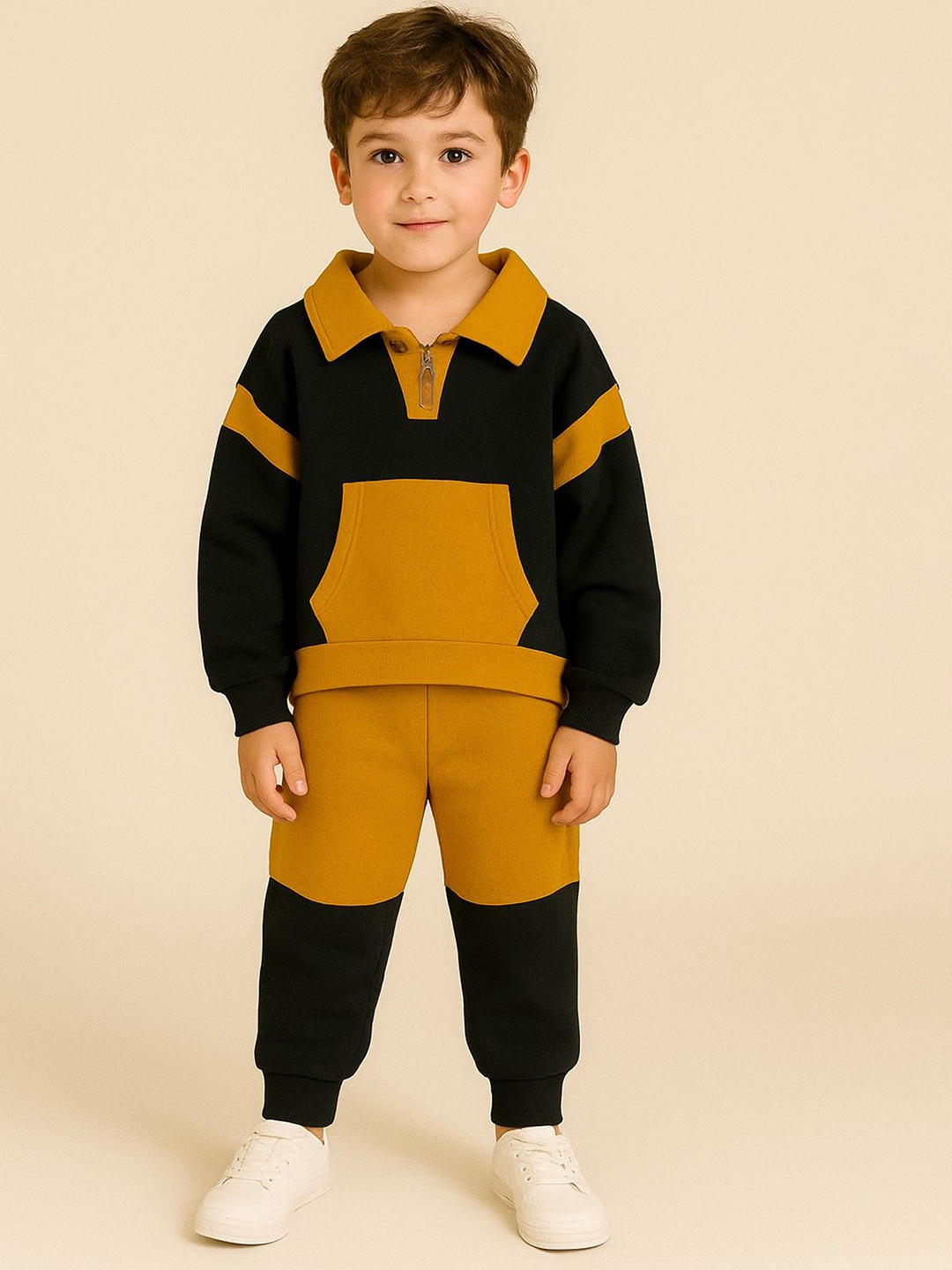 AWW HUNNIE Boys Colourblocked Collared Full Sleeves Sweat shirt Jogger Set