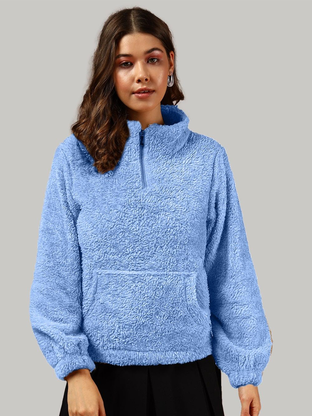 The Dry State Women Solid Long Sleeves Mock Collar Zip-Front Pullover Regular Sweatshirt