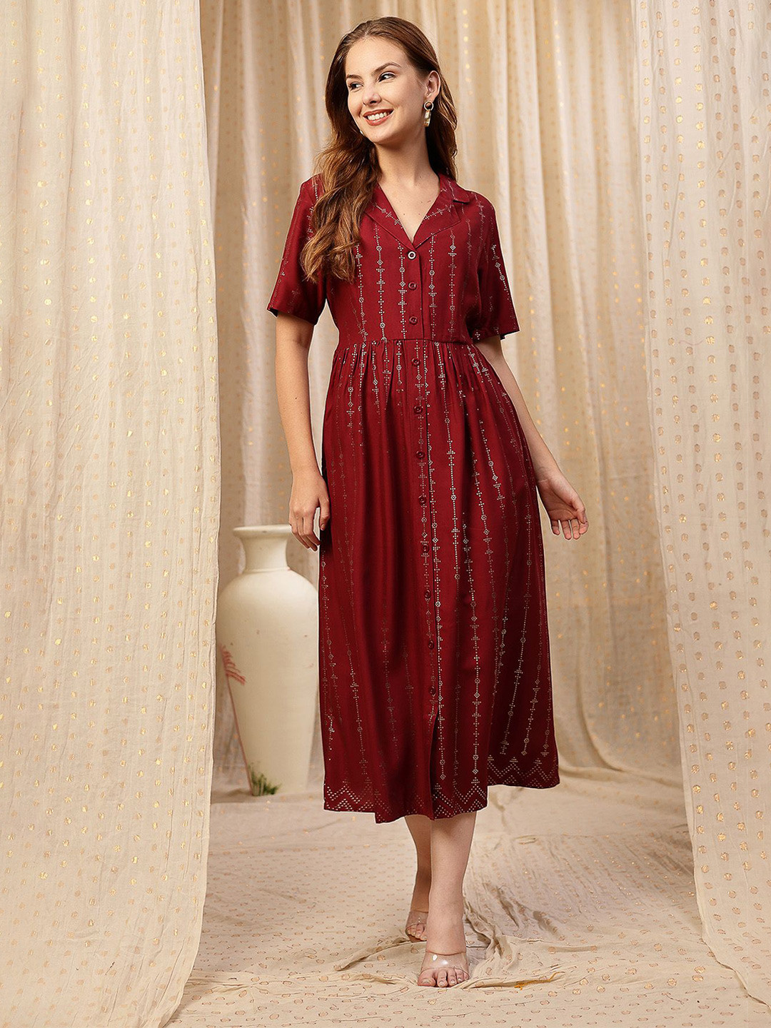 House Of Zelena Women Geometric Printed Lapel Collar A-Line Midi Dress