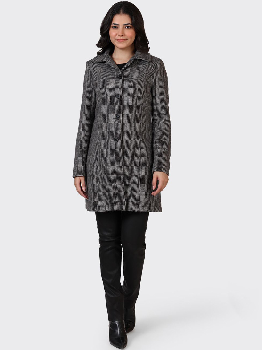 HUE & HIDE Long Sleeves Longline Woolen Tailored Formal Jacket