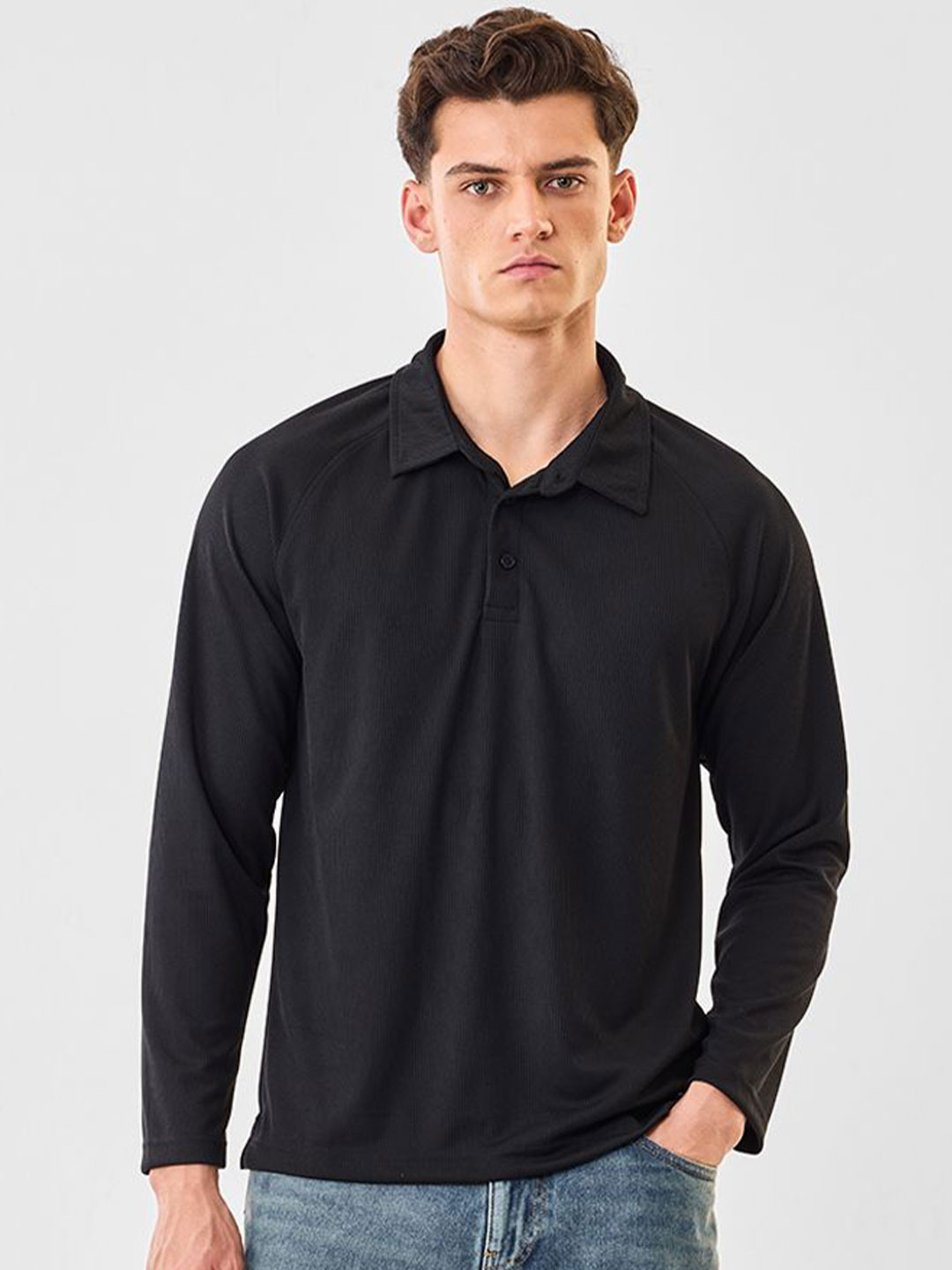 Snitch Men Black Textured Polo Collar Regular Fit T-Shirt