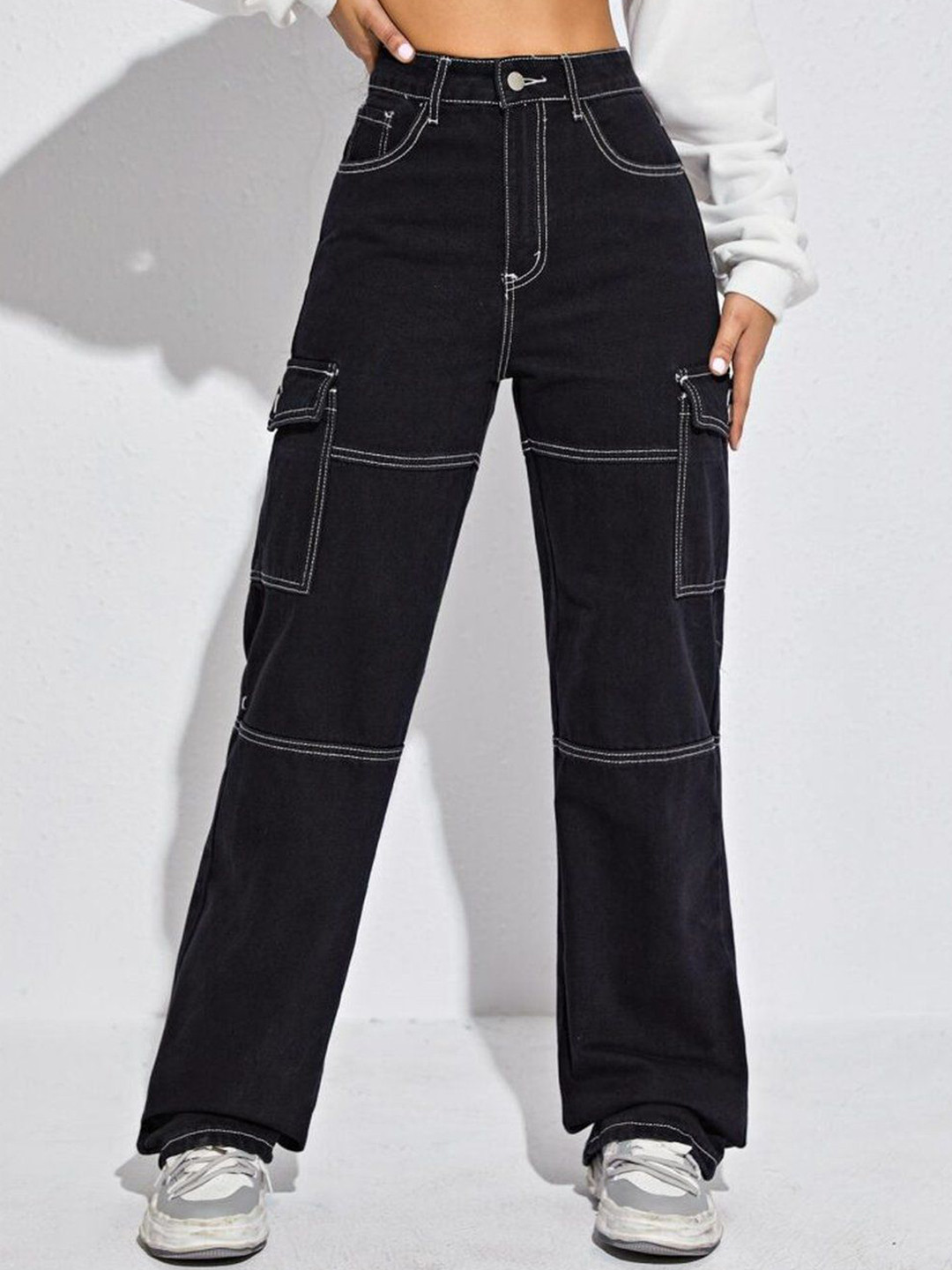 LA CHIC PICK Women Contrast Stitch Flap Pocket Mid-Rise Baggy Cotton Cargo