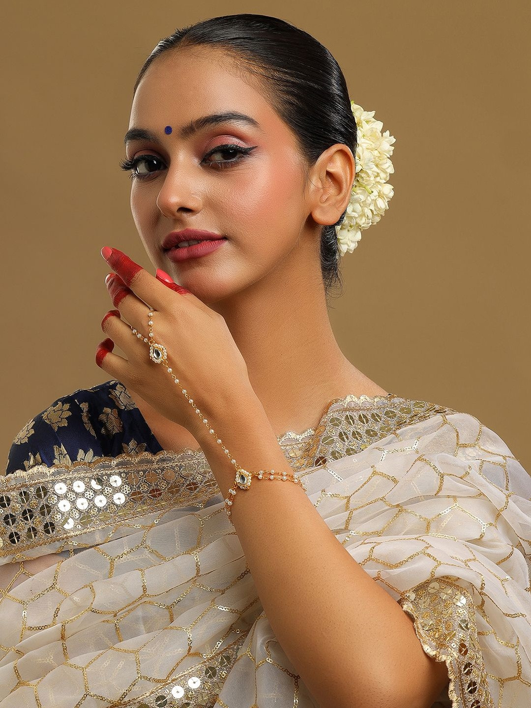 Ruby Raang Gold Plated Kundan Studded & Pearls Beaded Multistrand Bracelet