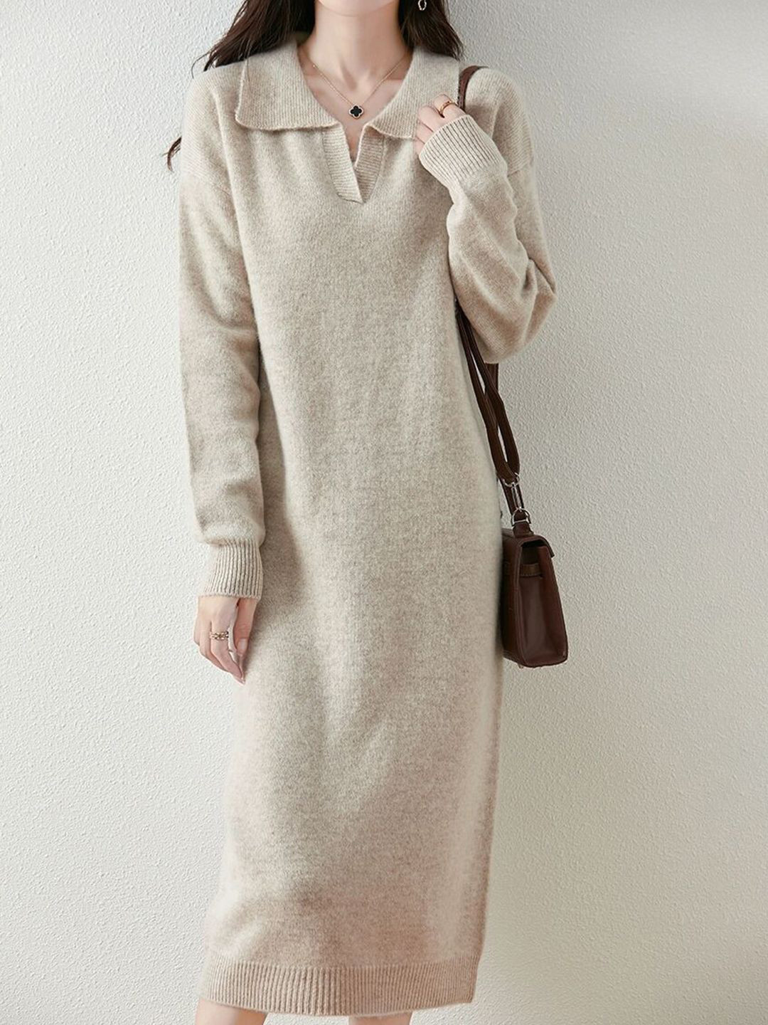 StyleCast Women Polo Collar Long Sleeves Midi Dress