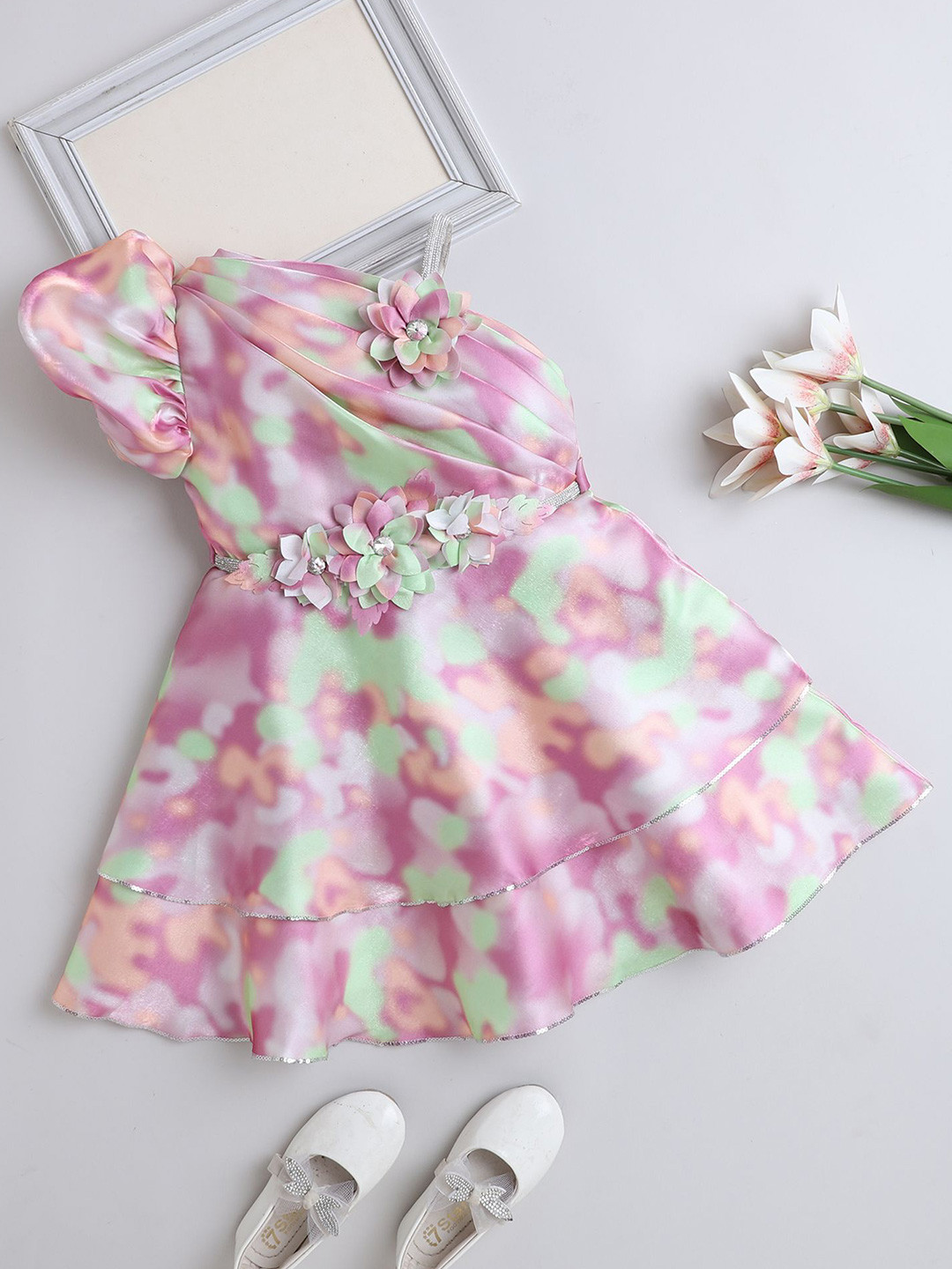 The Magic Wand Girls Abstract Printed Applique One Shoulder Knee Length Fit & Flare Dress
