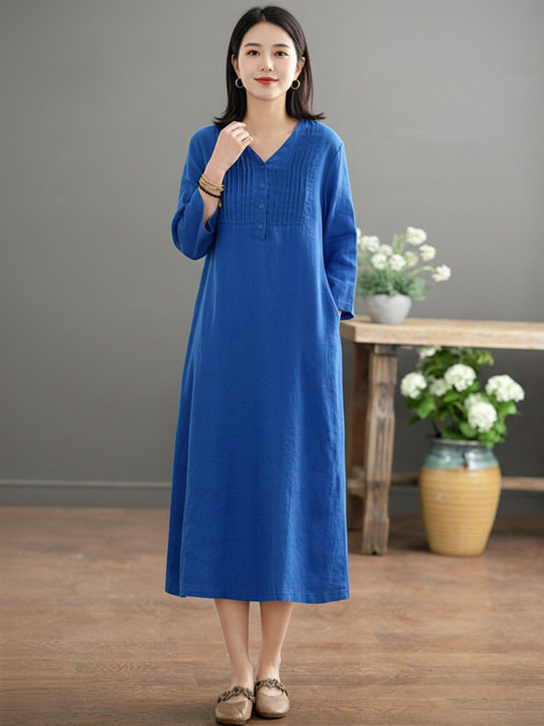 HERE&NOW Women V-Neck A-Line Midi Dress