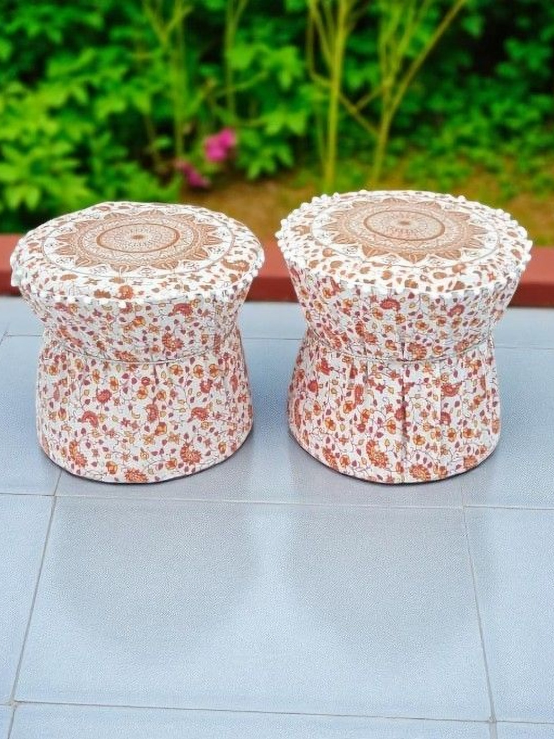 POSHMANDALA Orange & White 2 Pieces Motifs Printed Pure Cotton Muda Covers