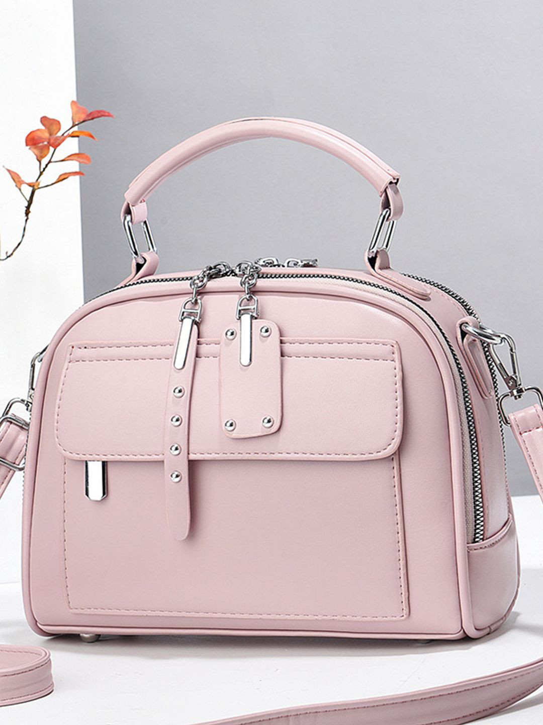 StyleCast Pink & Silver Toned Bucket Handheld Bag With Zip Detail