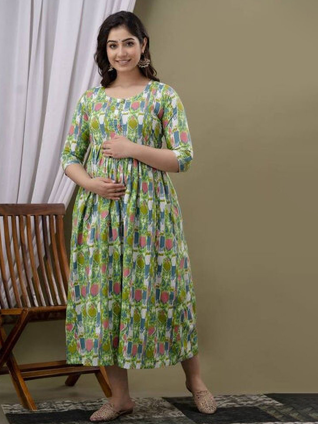 Pakiza Enterprises Abstract Printed Maternity Fit & Flare Feeding With Zip Midi Dress