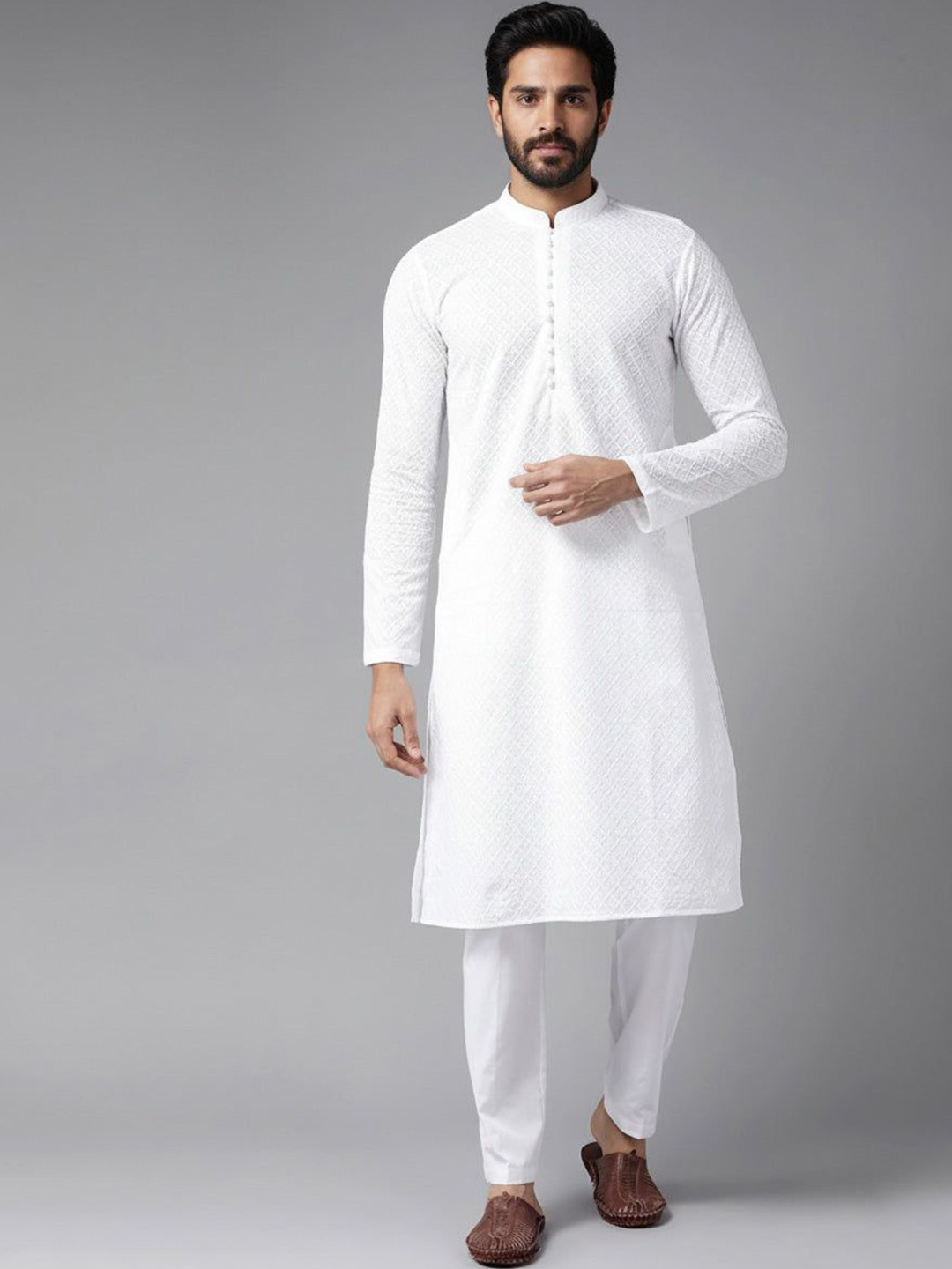 Fabshopy Striped Woven Design Mandarin Collar Thread Work Pure Cotton Straight Kurta
