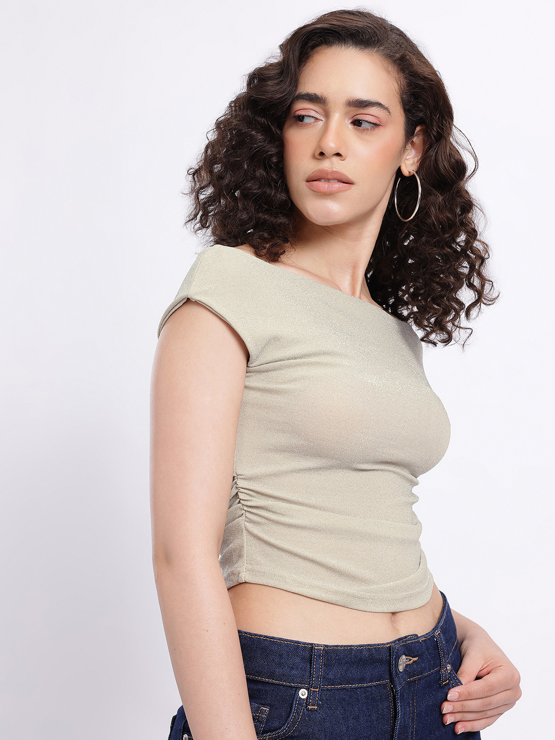 StyleCast Beige Off-Shoulder Crop Top