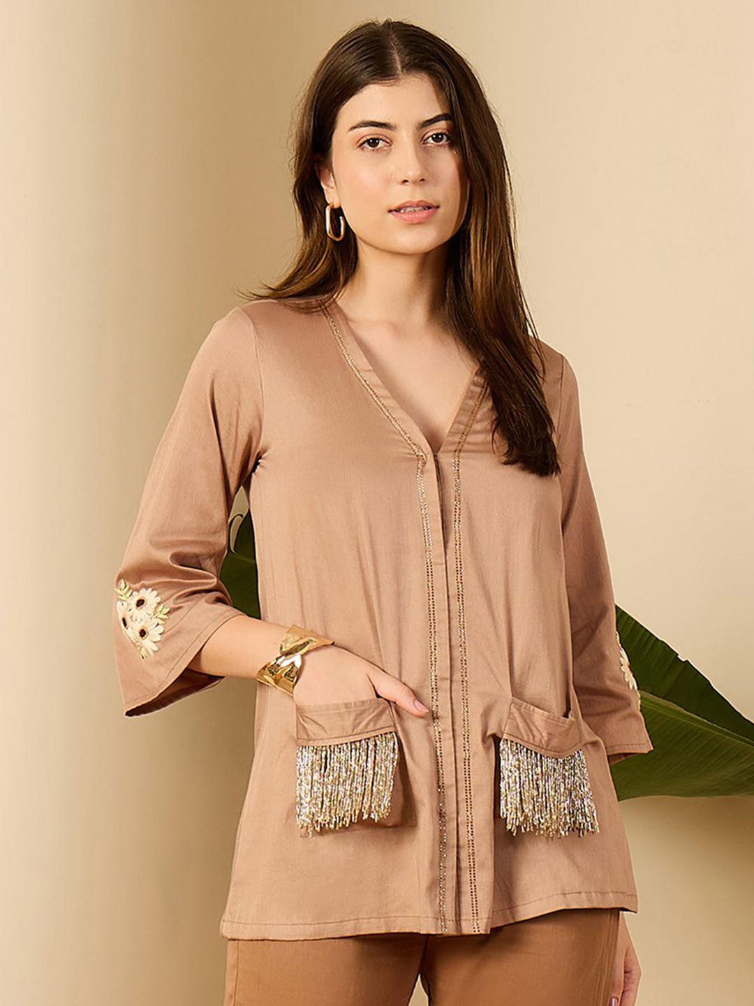 First Resort by Ramola Bachchan Floral Embroidered Collarless Cotton Opaque Shirt