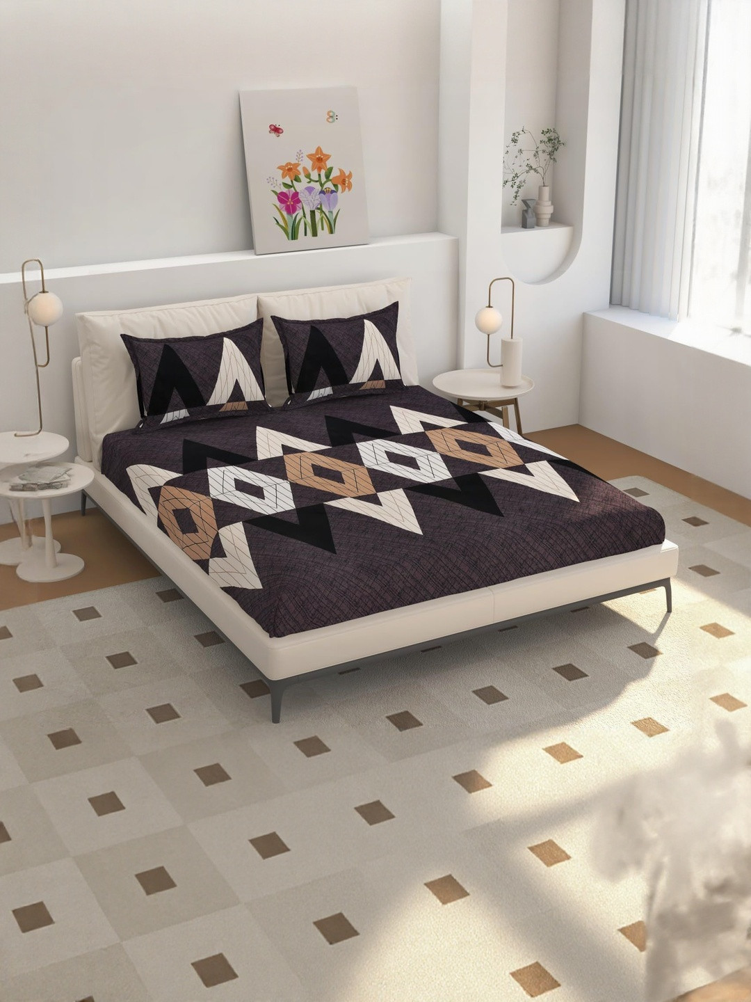 NEW TOWN Geometric Print 210 TC King Fitted Bedsheet with 2 Pillow Covers 72inch x 78inch