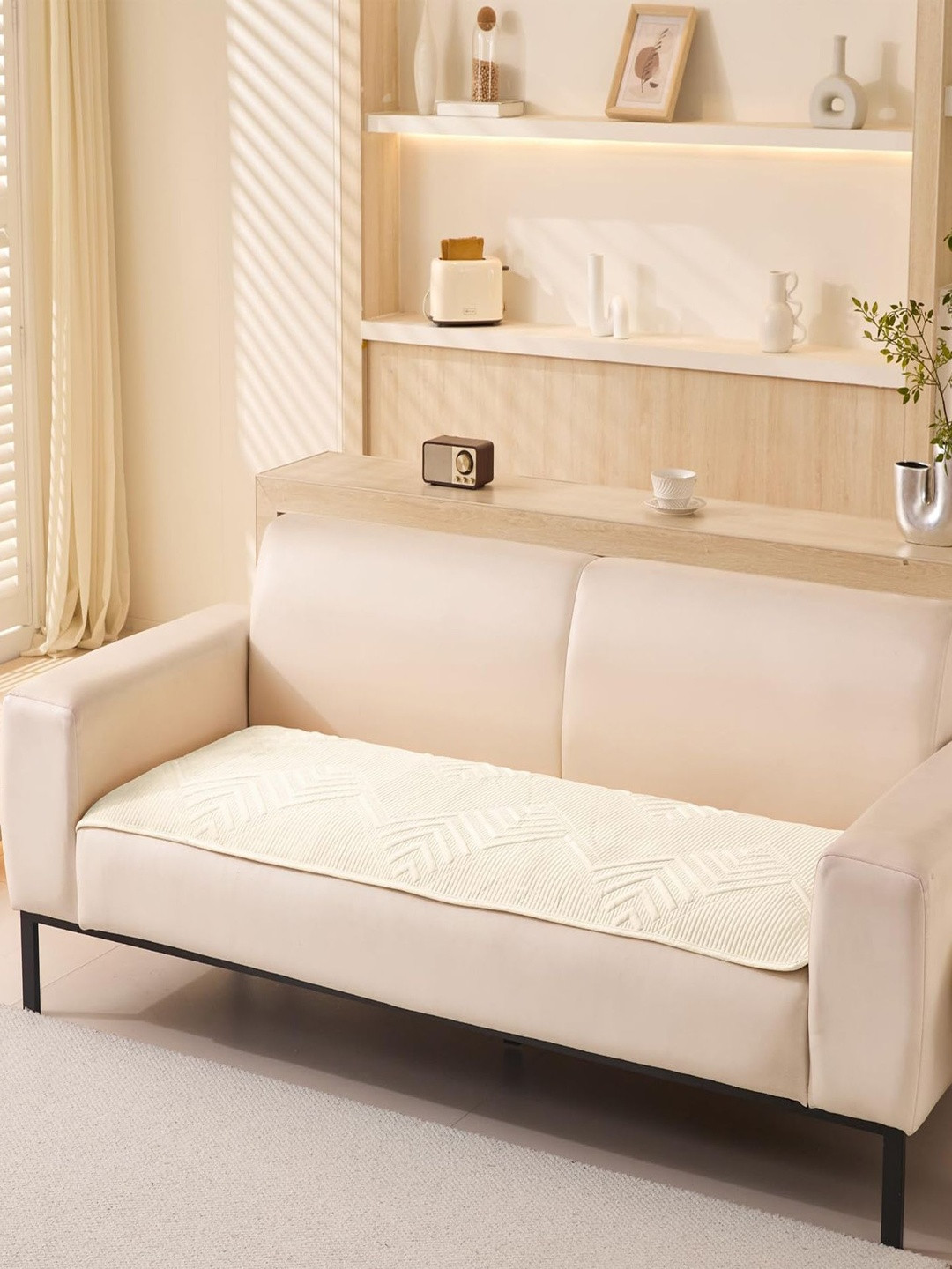 HOUSE OF QUIRK Herringbone Chenille White Self Design Velvet Anti-Slip 1 Seater Sofa Mat