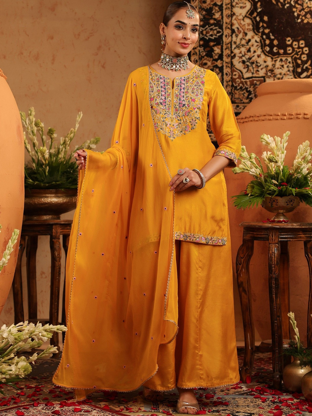 SCAKHI Women Mustard Floral Embroidered Silk A-Line Kurta with Palazzo & Dupatta Set