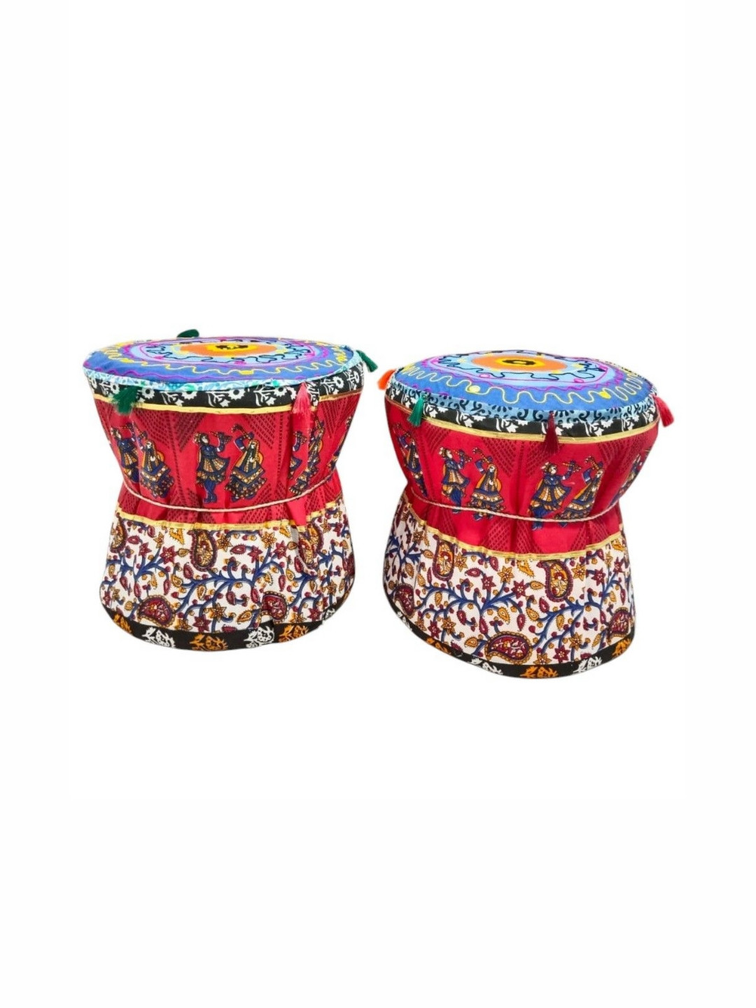 POSHMANDALA Red & Blue 2 Pieces Dandiya Design Embroidered Pure Cotton Muda Covers