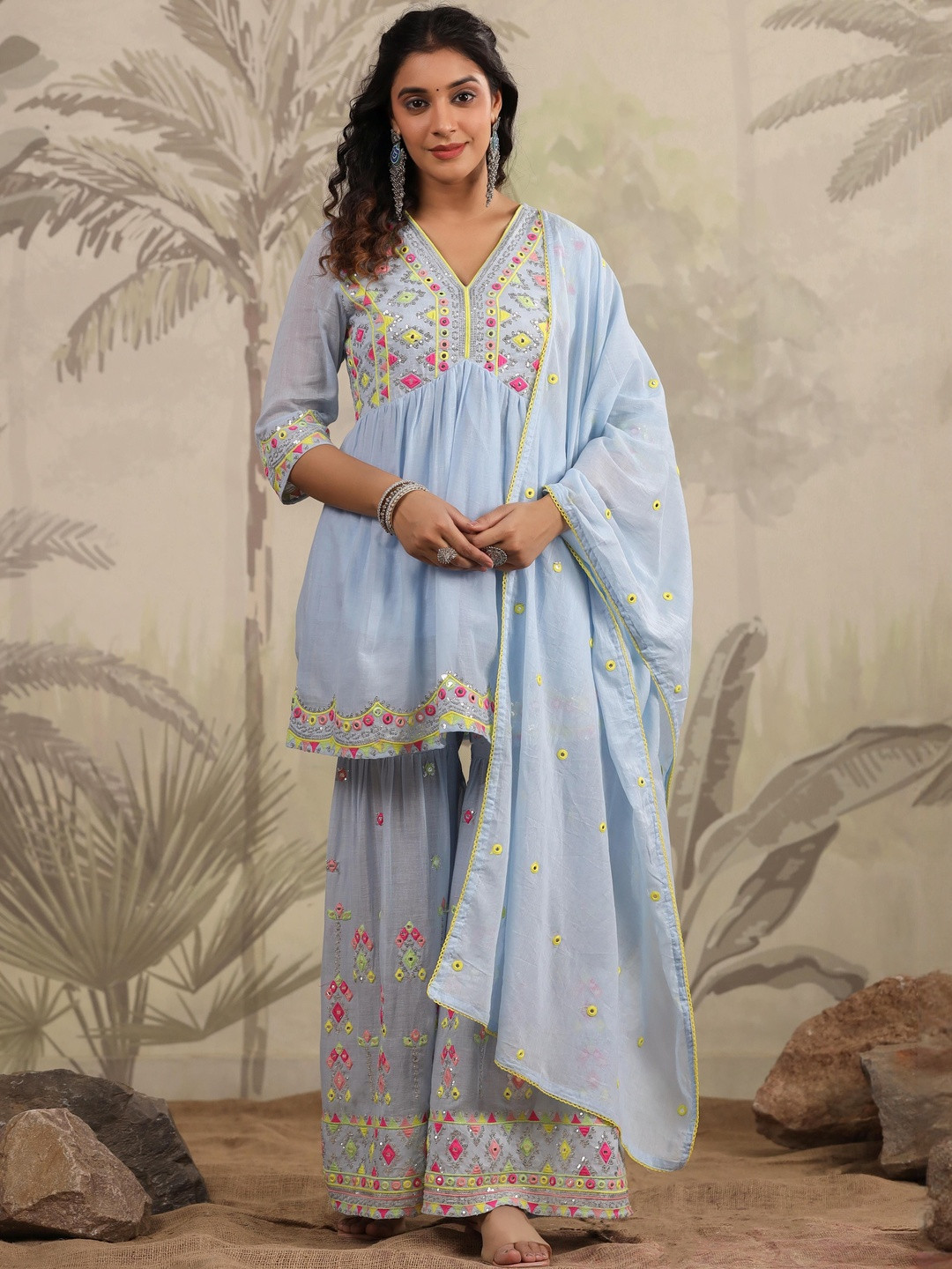 SCAKHI Women Blue Mulmul Mirror & Sequin Embroidered Peplum Kurta Sharara & Dupatta Set