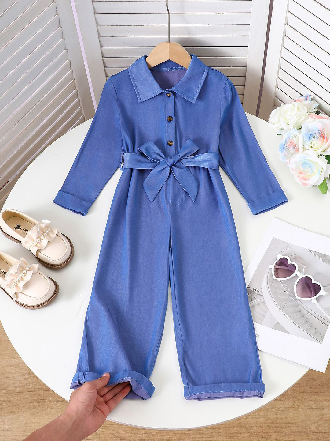 YK Girls Blue Chambray Full Length Jumpsuit