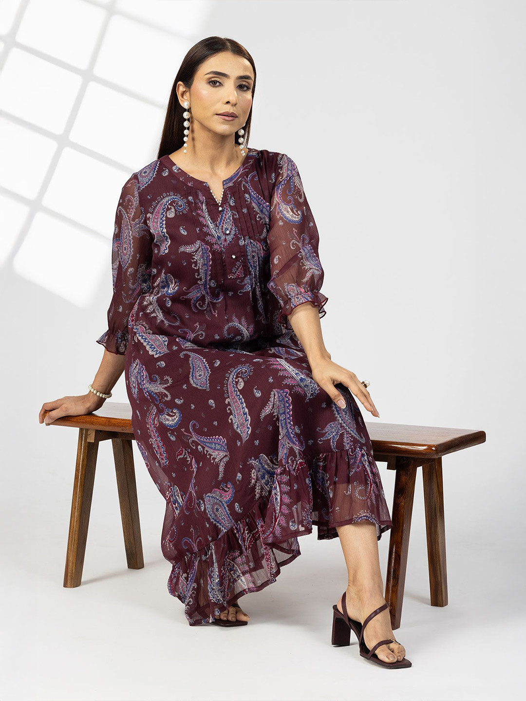Mustard Women Printed Chiffon Pintuck Midi A-Line Dress with 3/4th Sleeves