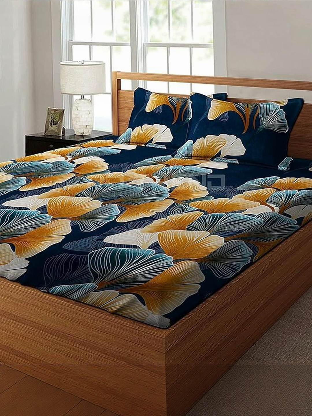 NEW TOWN Navy Blue & Yellow Floral 210 TC Queen Bedsheet with 2 Pillow Covers