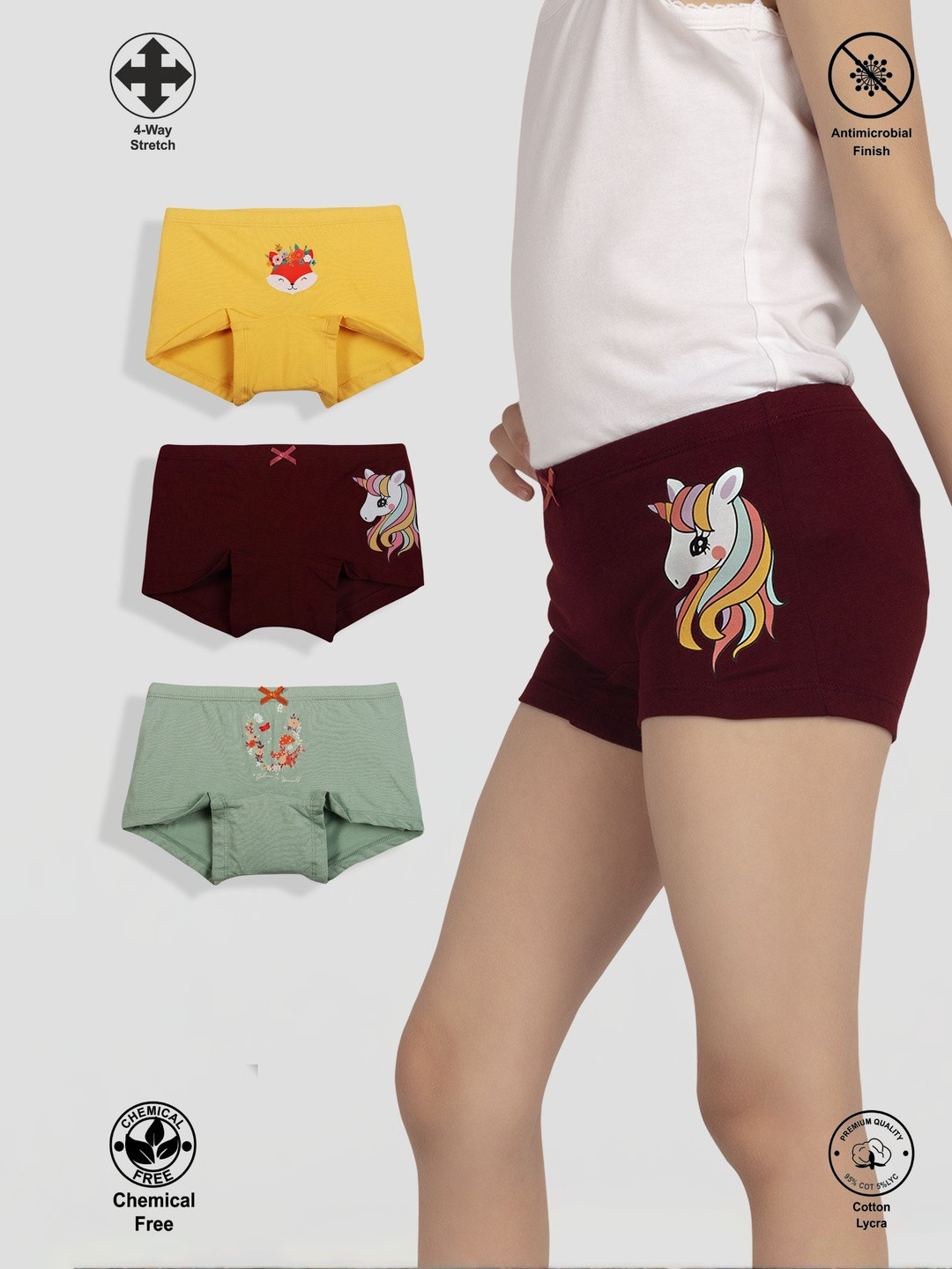 TRESNOVA Girls  Pack Of 3 Printed Anti-Microbial Cotton Boxer-Style Briefs