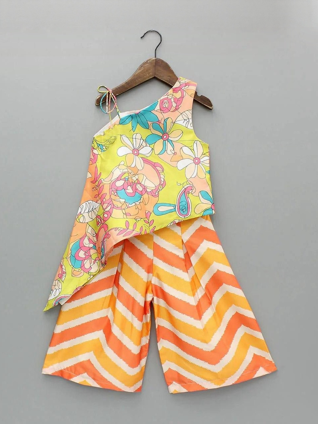 KidsFlower Girls Floral Printed Regular One Shoulder Top with Palazzos