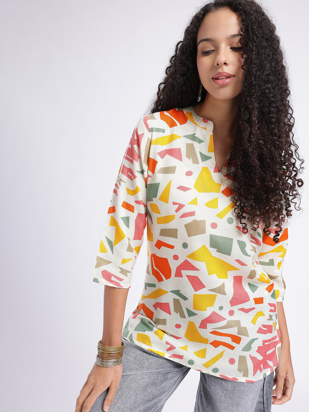 Anouk Rustic Geometric Printed Mandarin Collar Straight Kurti