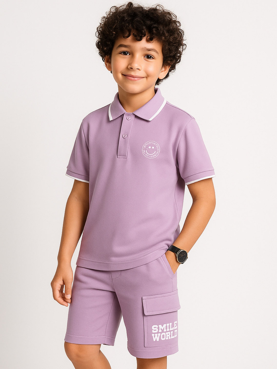 Nap Chief Kids Unisex Smileyworld Printed Pure Cotton Polo T-shirt With Cargo Shorts