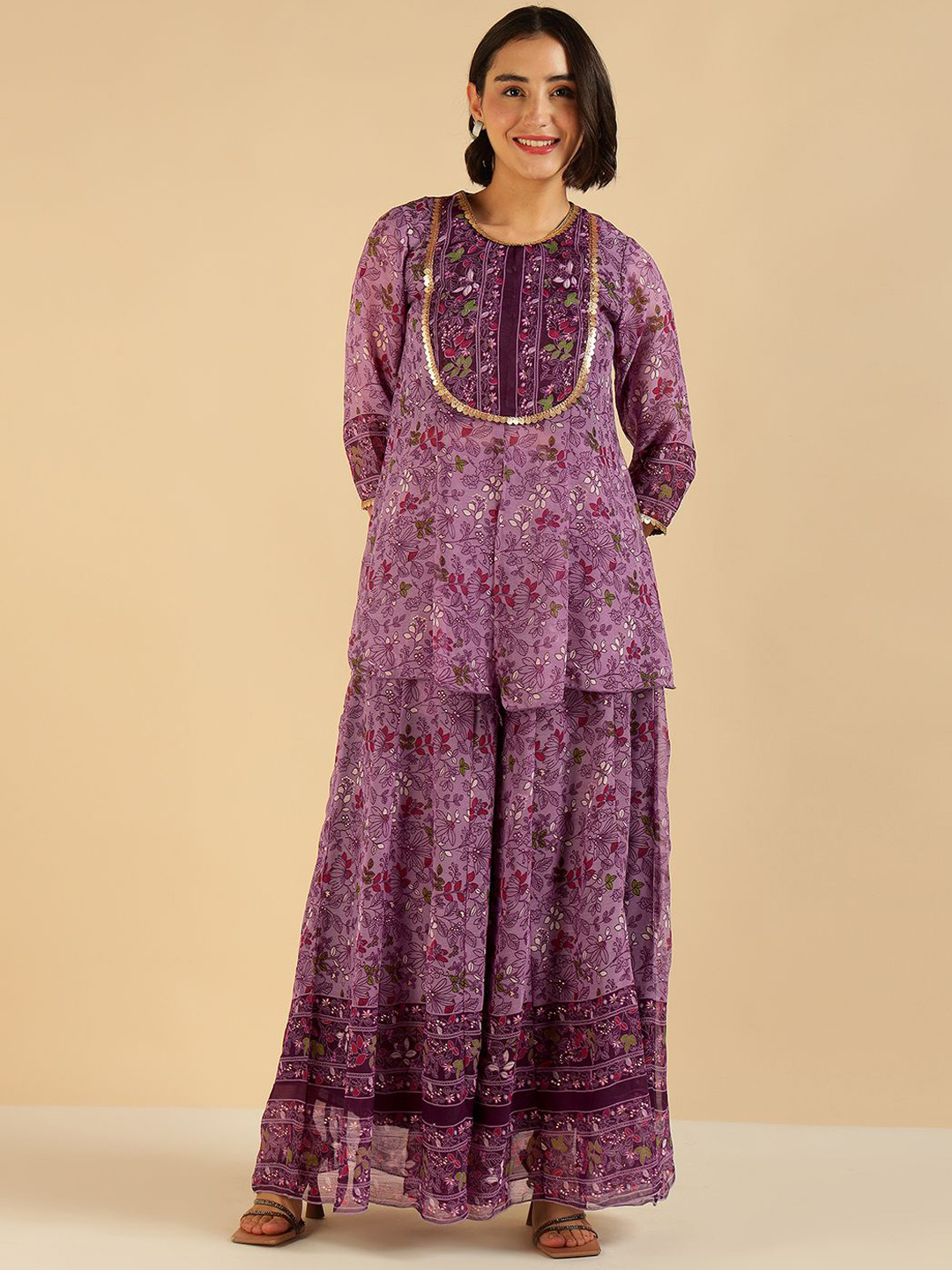 Vibes by Deebaco Fusion Floral Printed Sequinned Pure Chiffon Peplum Tunic With Palazzo