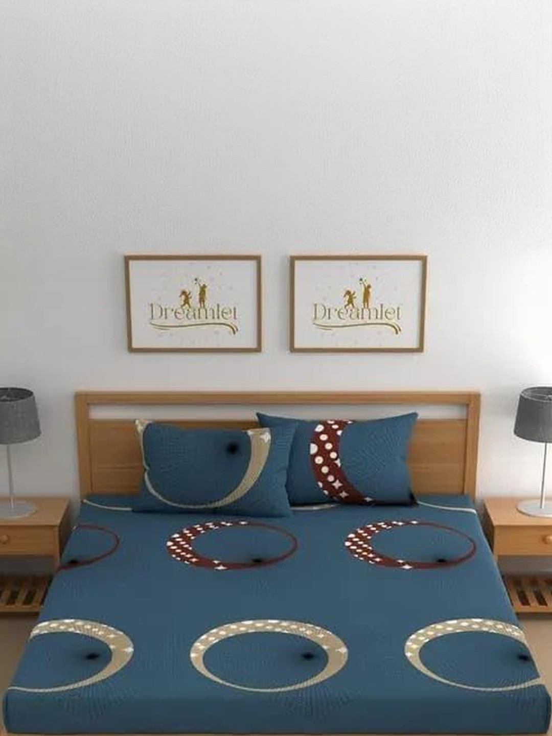 NEW TOWN Teal Geometric 210 TC Queen Bedsheet with 2 Pillow Covers