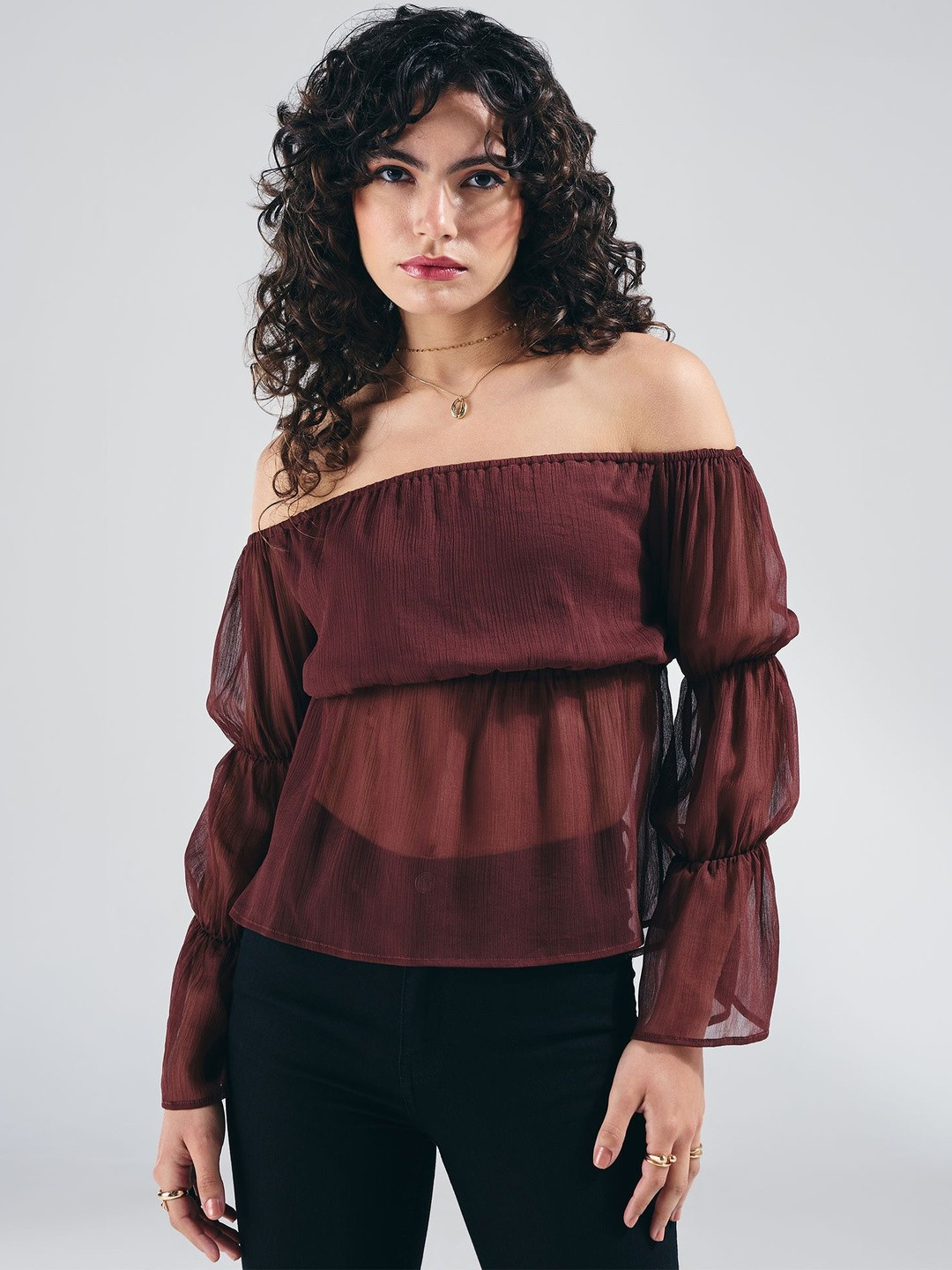 20Dresses Women Gathered or Pleated Off-Shoulder Bell Sleeve Long Sleeves Peplum Top