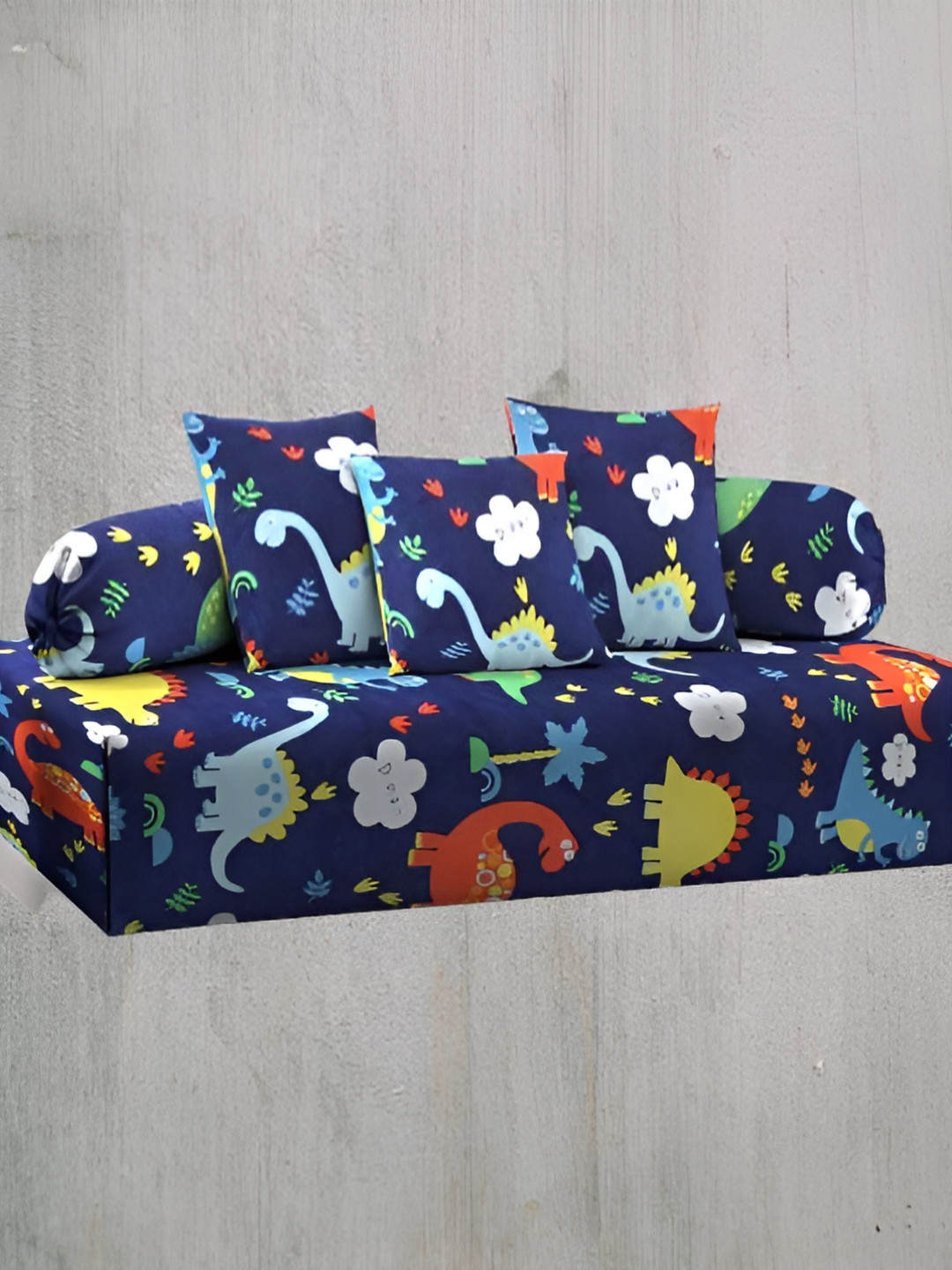 WELLNEST Set Of 8 Navy Blue & Green Printed Cotton Diwan Set