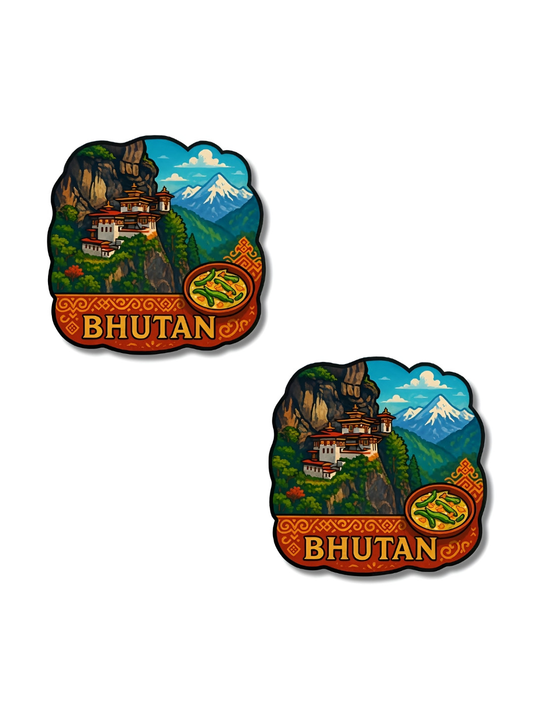 GIFTODAY Set Of 2 Green & Blue Bhutan Printed Decorative Magnets