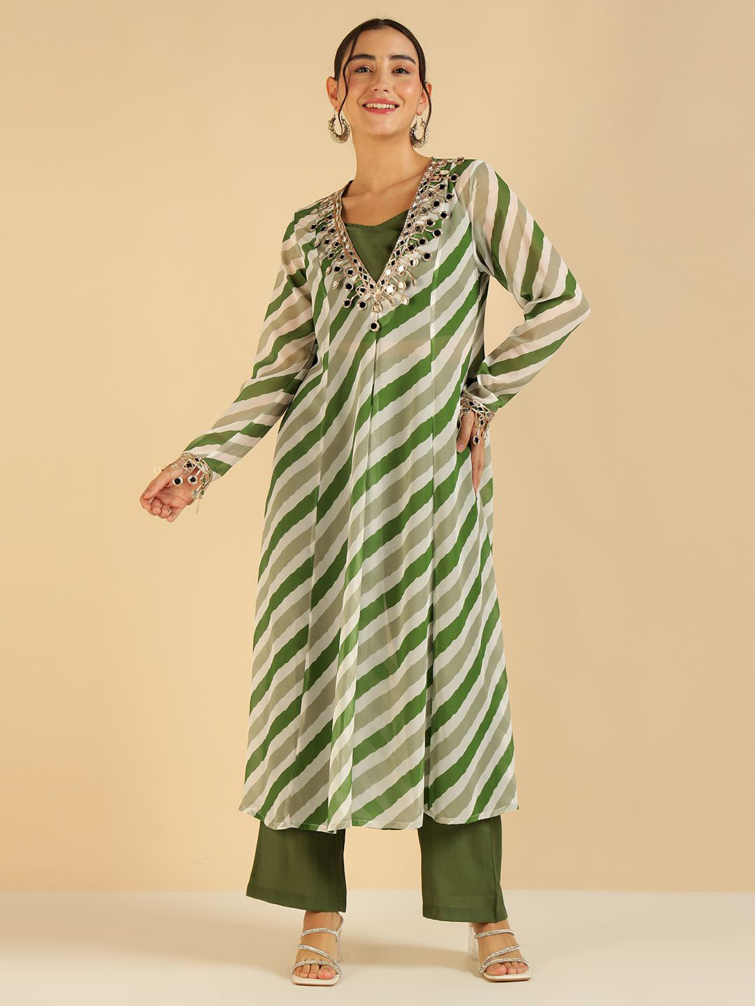 Vibes by Deebaco Fusion Leheriya Printed Pure Georgette Tunic With Inner & Palazzo