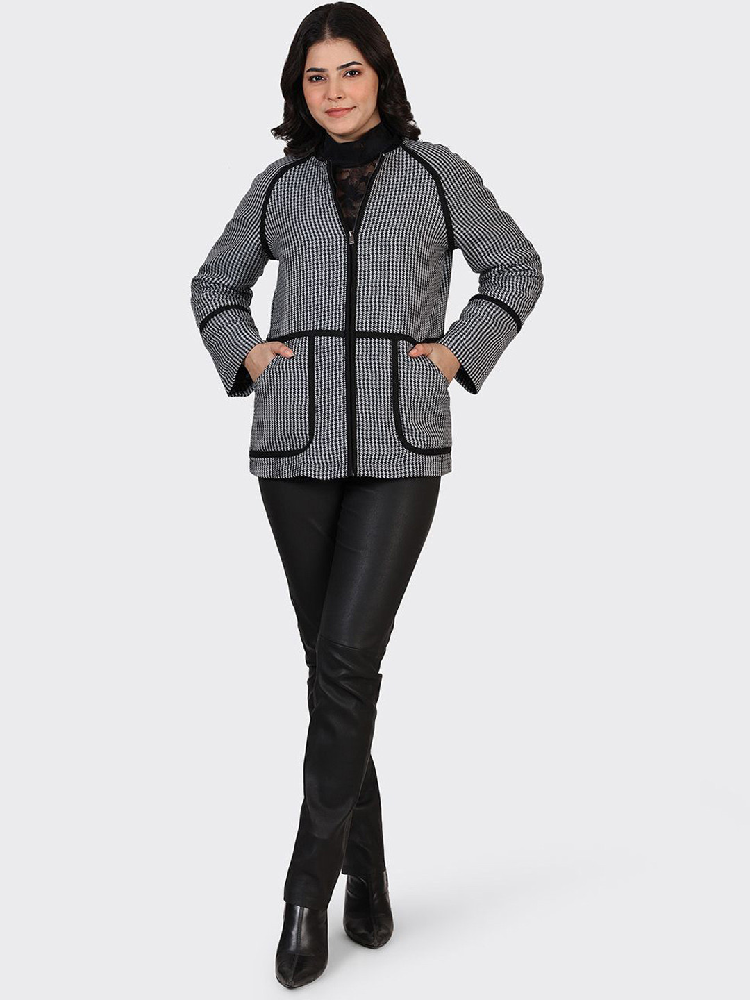 HUE & HIDE Colourblocked Longline Woolen Sporty Jacket