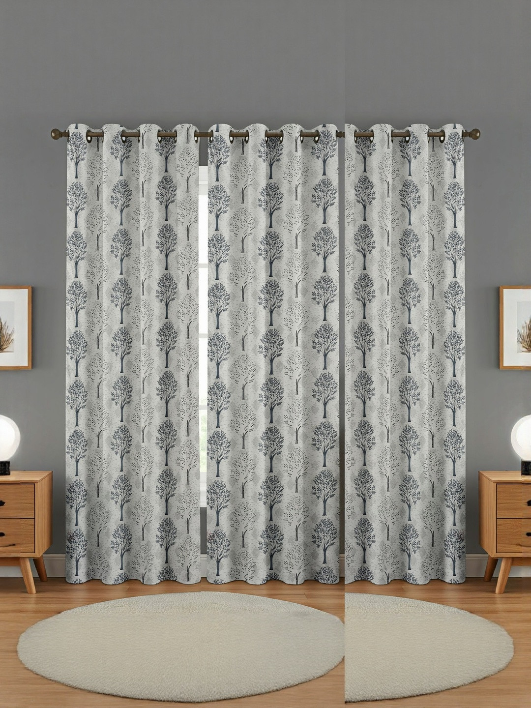 GEET CREATIONS Sprit-Vat Grey 3 Pieces Printed Room Darkening Window Curtains