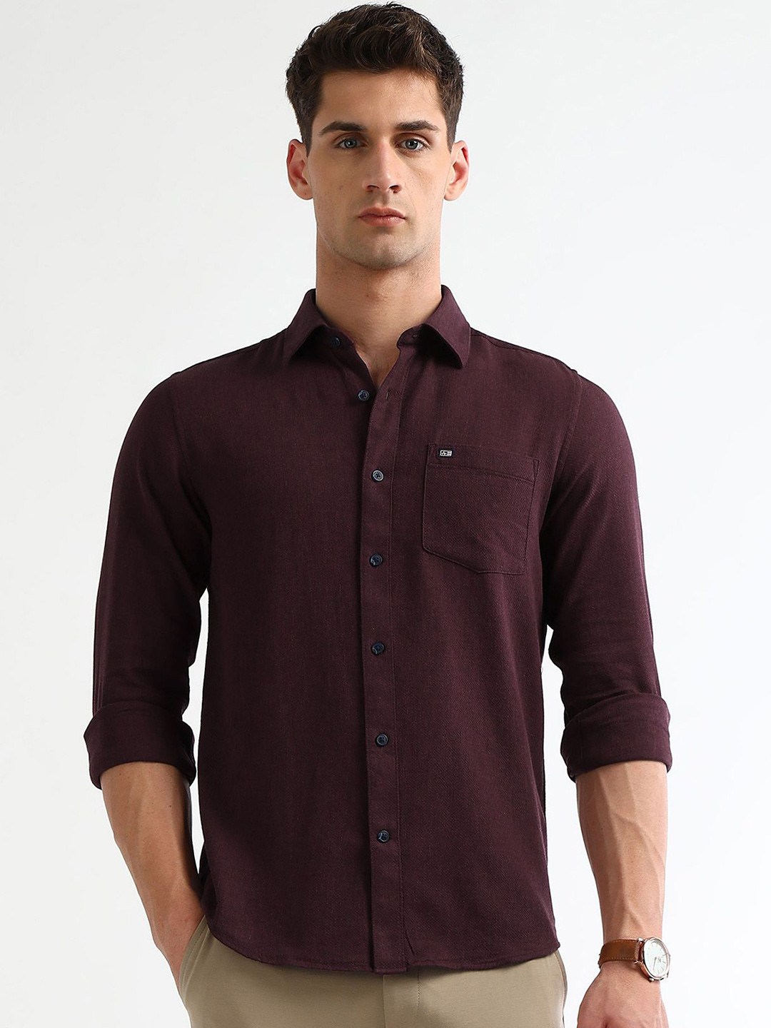Arrow Sport Chelsea Slim Fit Textured Spread Collar Pure Cotton Casual Shirt
