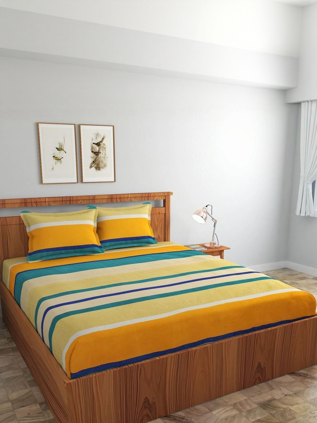 NEW TOWN Yellow & Green Striped 210 TC Queen Bedsheet with 2 Pillow Covers