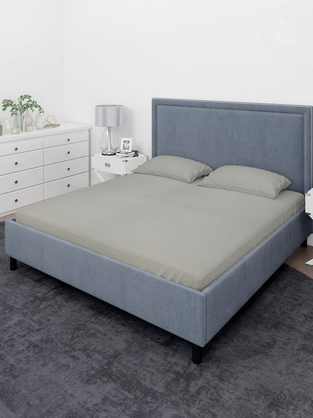 THE CONVERSION Grey Stiped Cotton Satin 210 TC King Bedsheet Set 2.25 m x 2.70 m