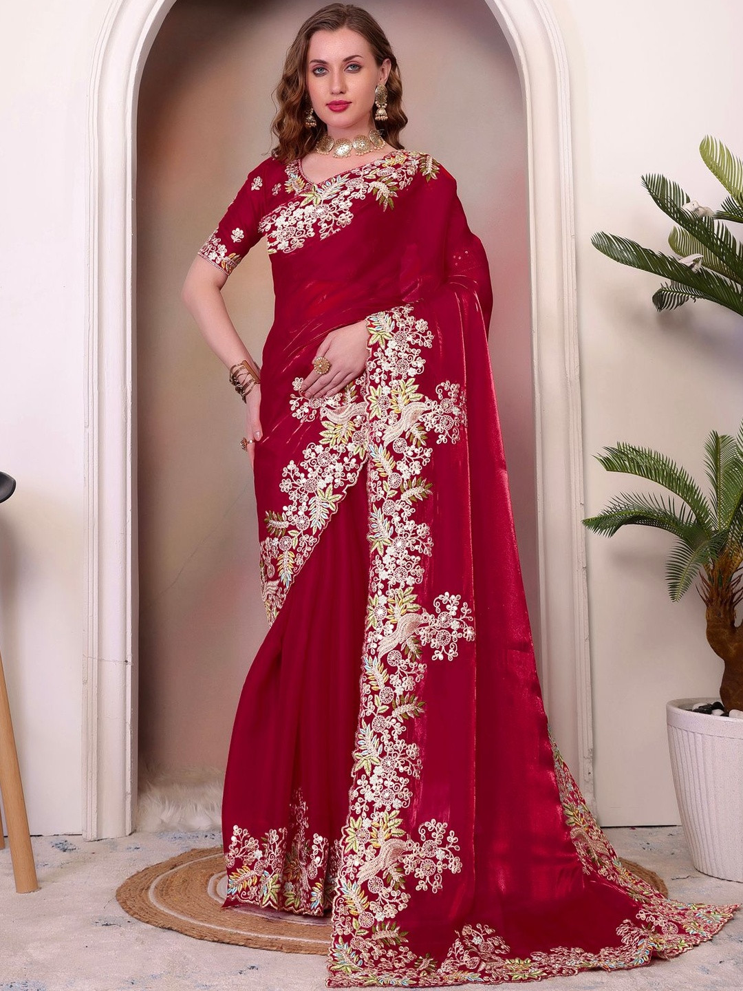 OFLINE SELECTION Ethnic Motifs Embroidered Organza Saree with Blouse Piece