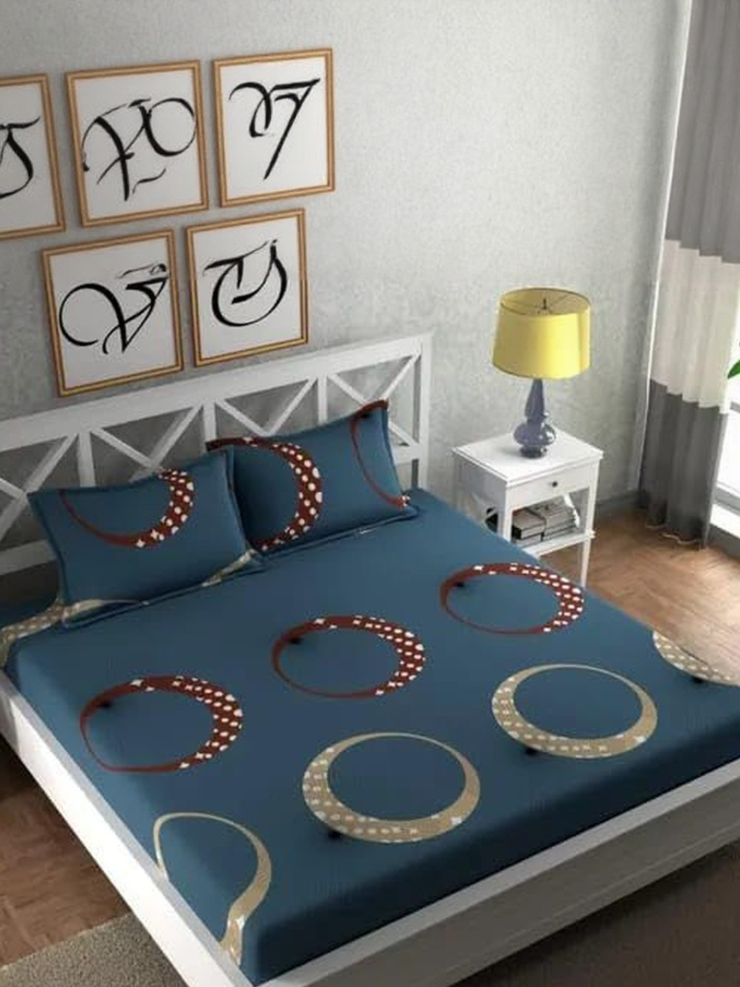 NEW TOWN Teal Geometric 210 TC Queen Bedsheet with 2 Pillow Covers