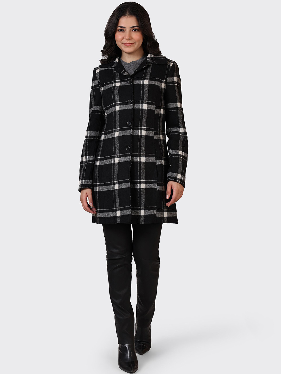 HUE & HIDE Women Wool Spread Collar Checked Tailored Jacket