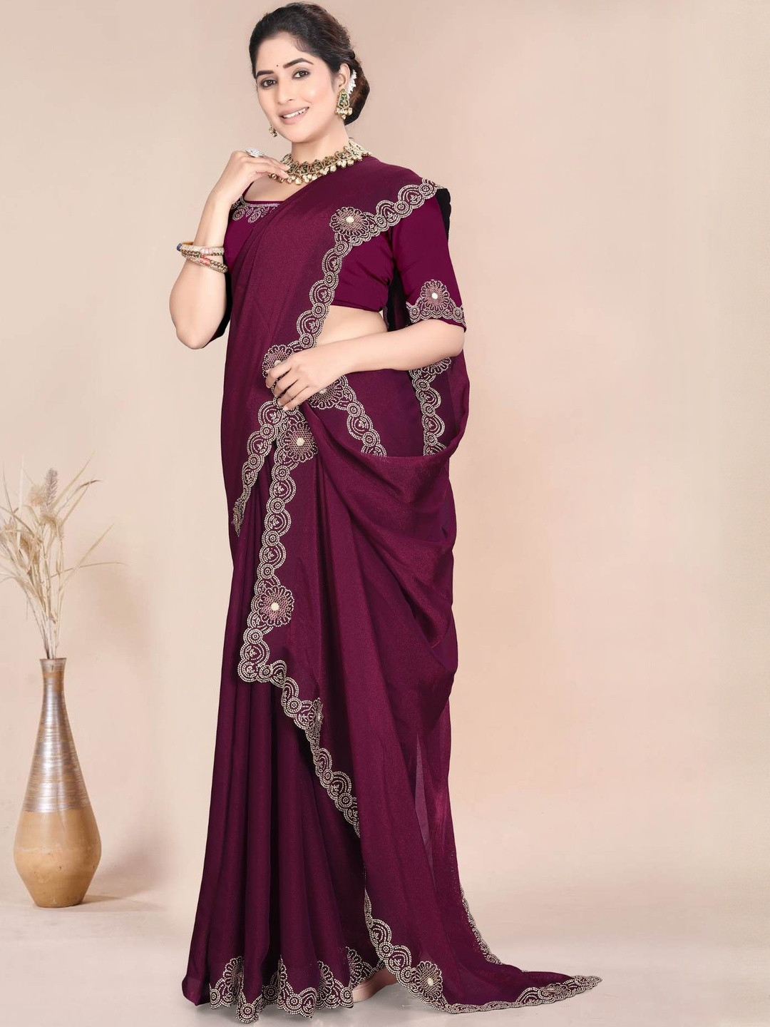 Rovera nx Women Embellished  Beads and Stones Satin Saree with a Blouse Piece