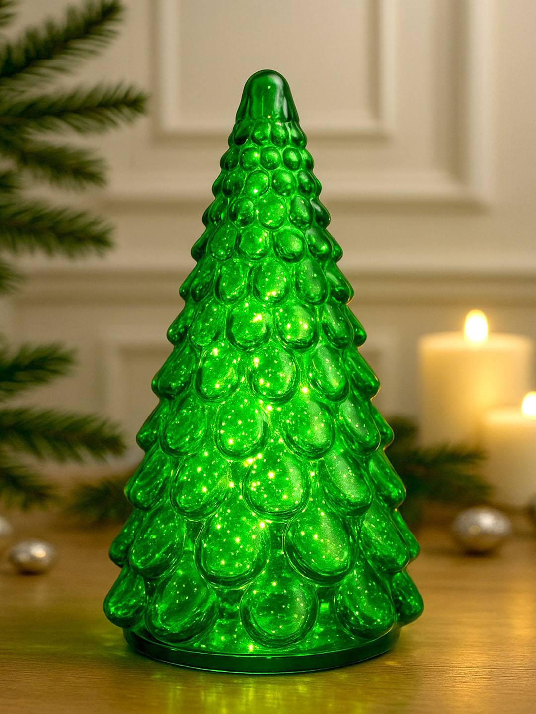 Homesake Green Glass Christmas Tree Decorations Table Light Showpiece